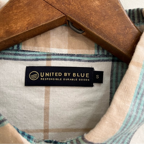 United by Blue Landmark Button Down Shirt Hemp Organic Cotton Blue Tan Plaid SM - Picture 8 of 9